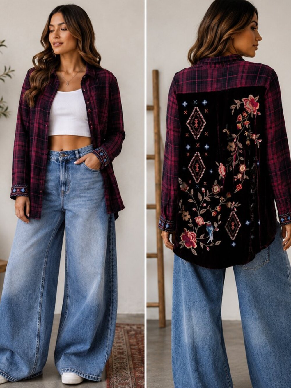 Johnny Was Workshop Plaid Button-Down Shirt in Dark Red Blue Embroidered Size S
